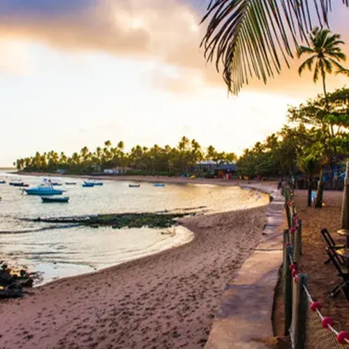 Fim de tarde na Praia do Forte, com barcos ancorados na enseada e mesas de bar sob os coqueiros