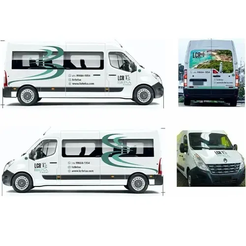 Van executiva da LCR Brisa em quatro ângulos: lateral, traseira e frente